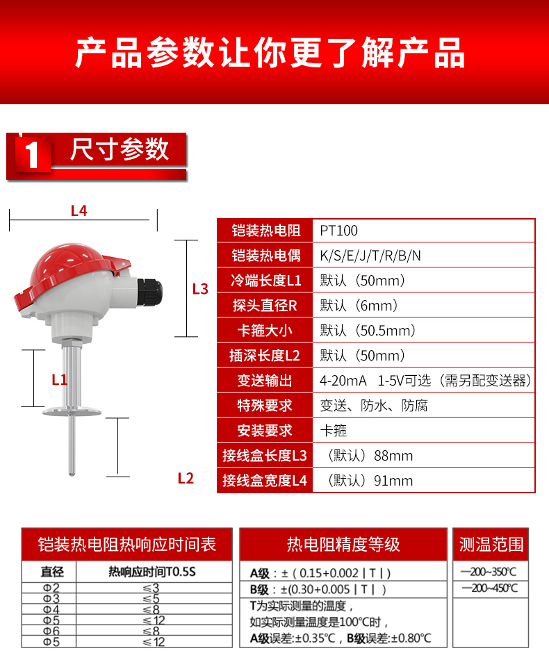 铠装式温度传感器产品参数